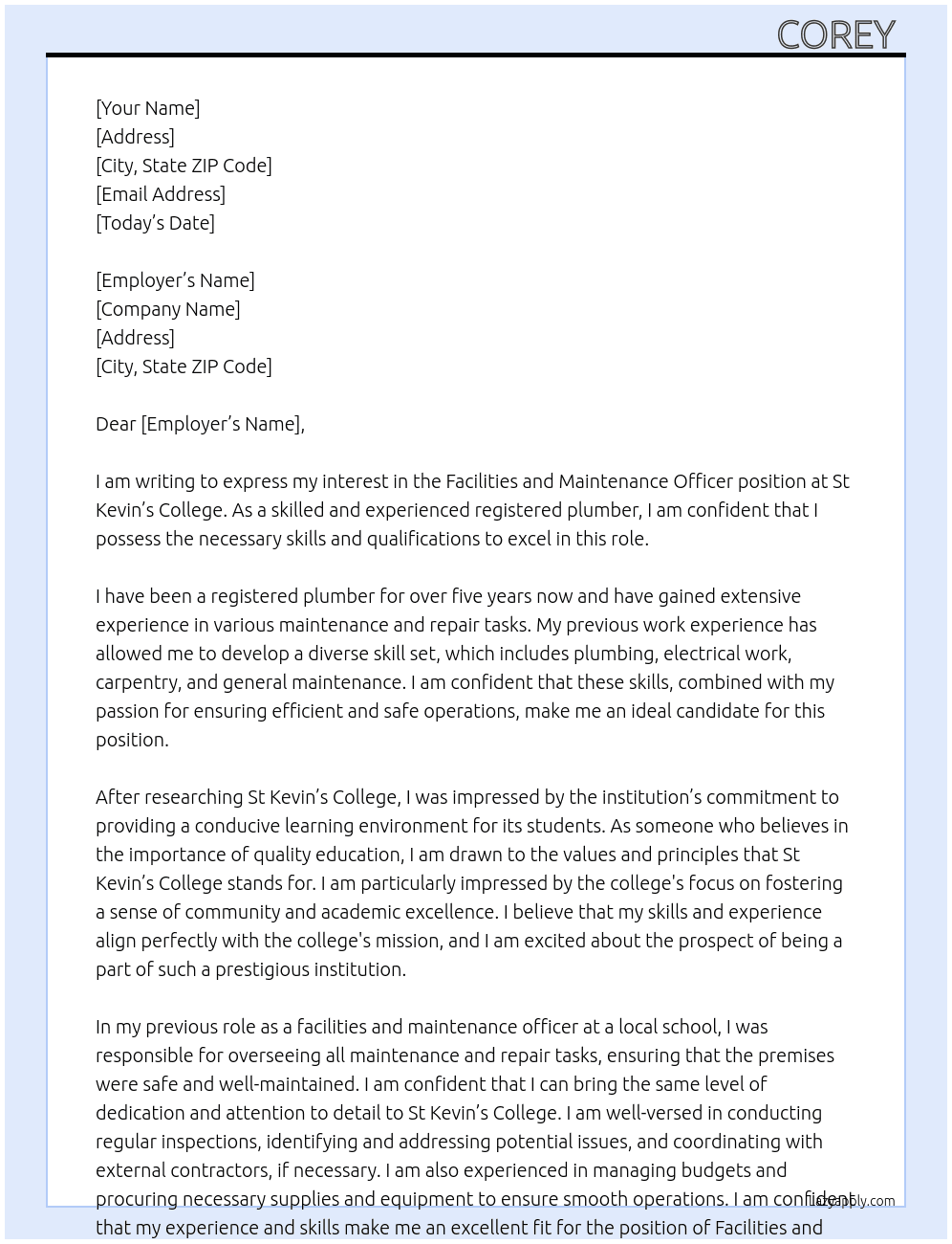 Facilities and maintenance officer At St Kevin’s college Cover Letter