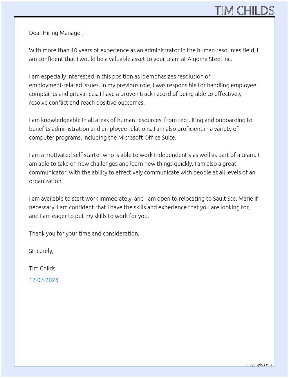 Administrator - Employment Resolutions At Algoma Steel Inc Cover Letter