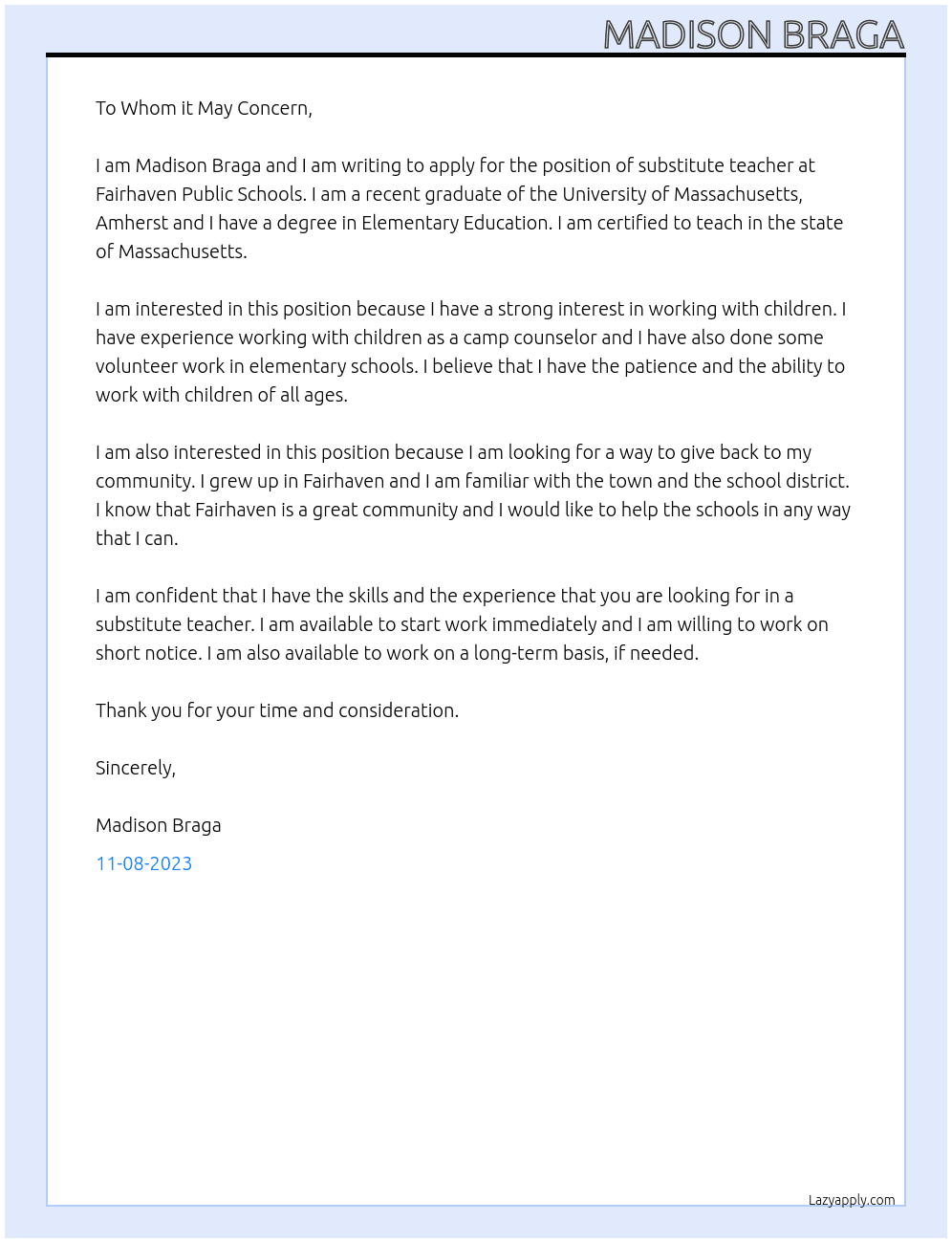substitute teacher At Fairhaven Public Schools Cover Letter