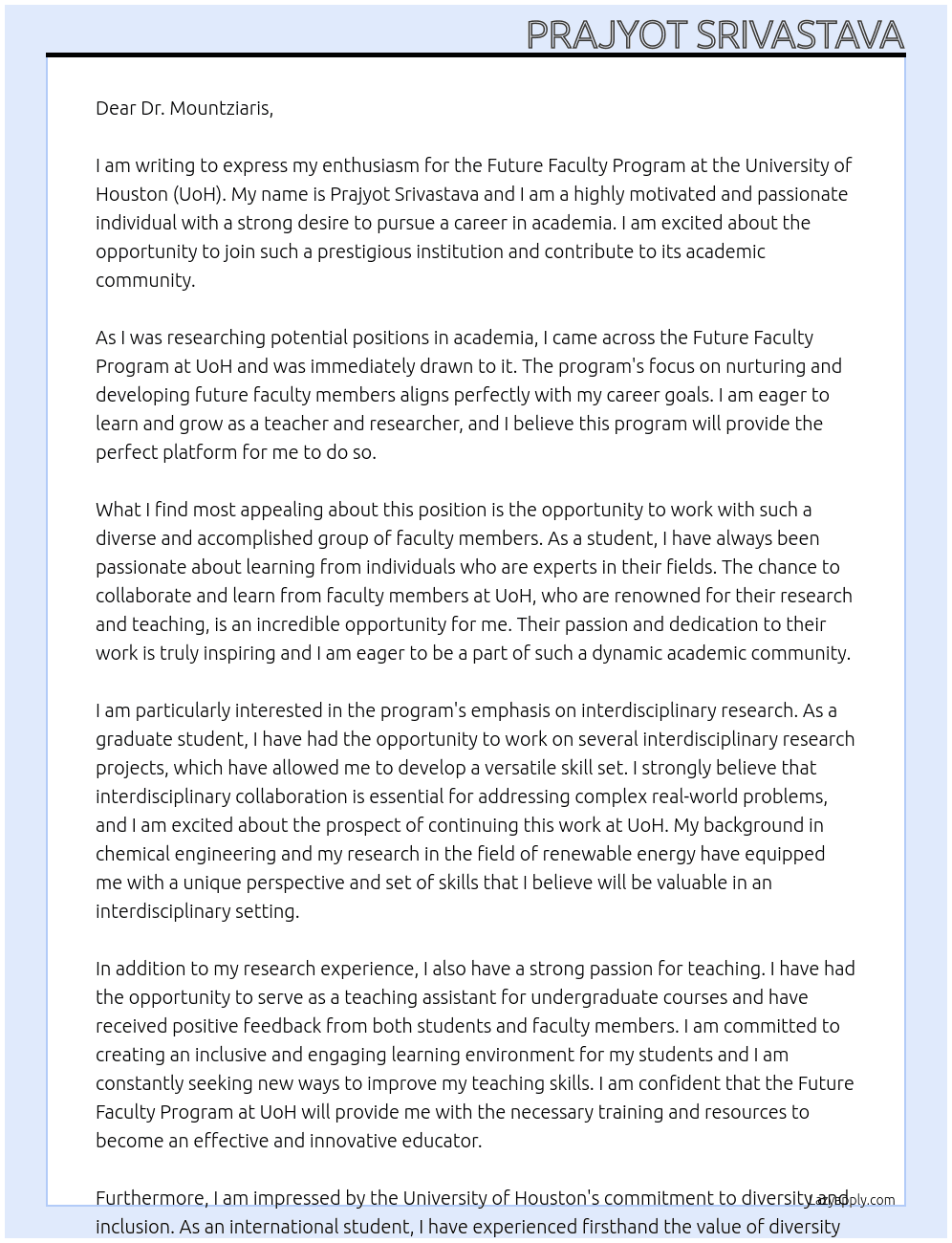Future Faculty Program At UoH Cover Letter