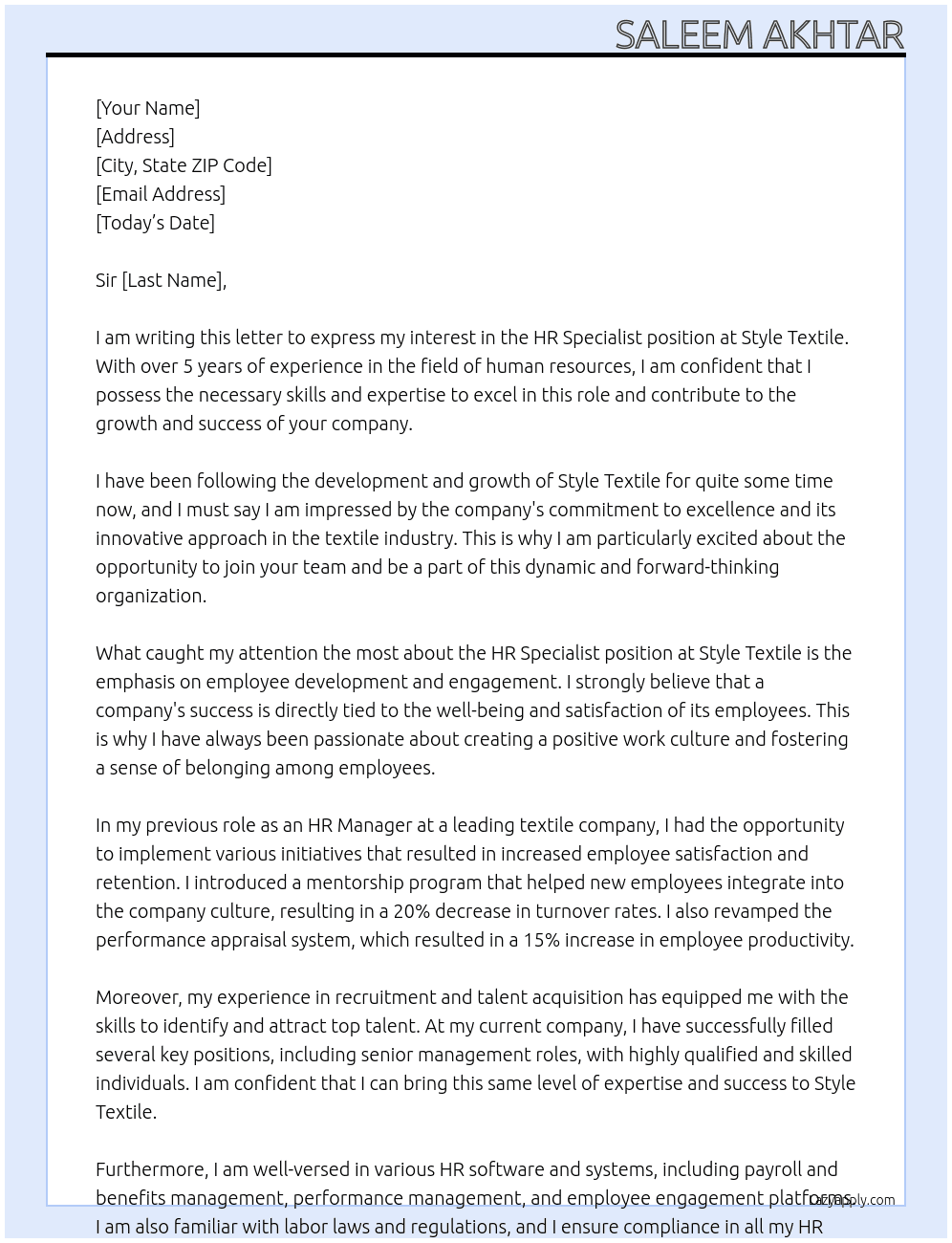 HR Specialist At Style Textile  Cover Letter