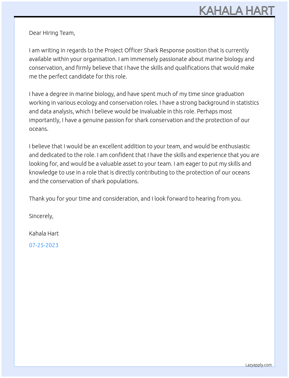 Project Officer Shark Response At Department of Primary Industries and Regional Development  Cover Letter