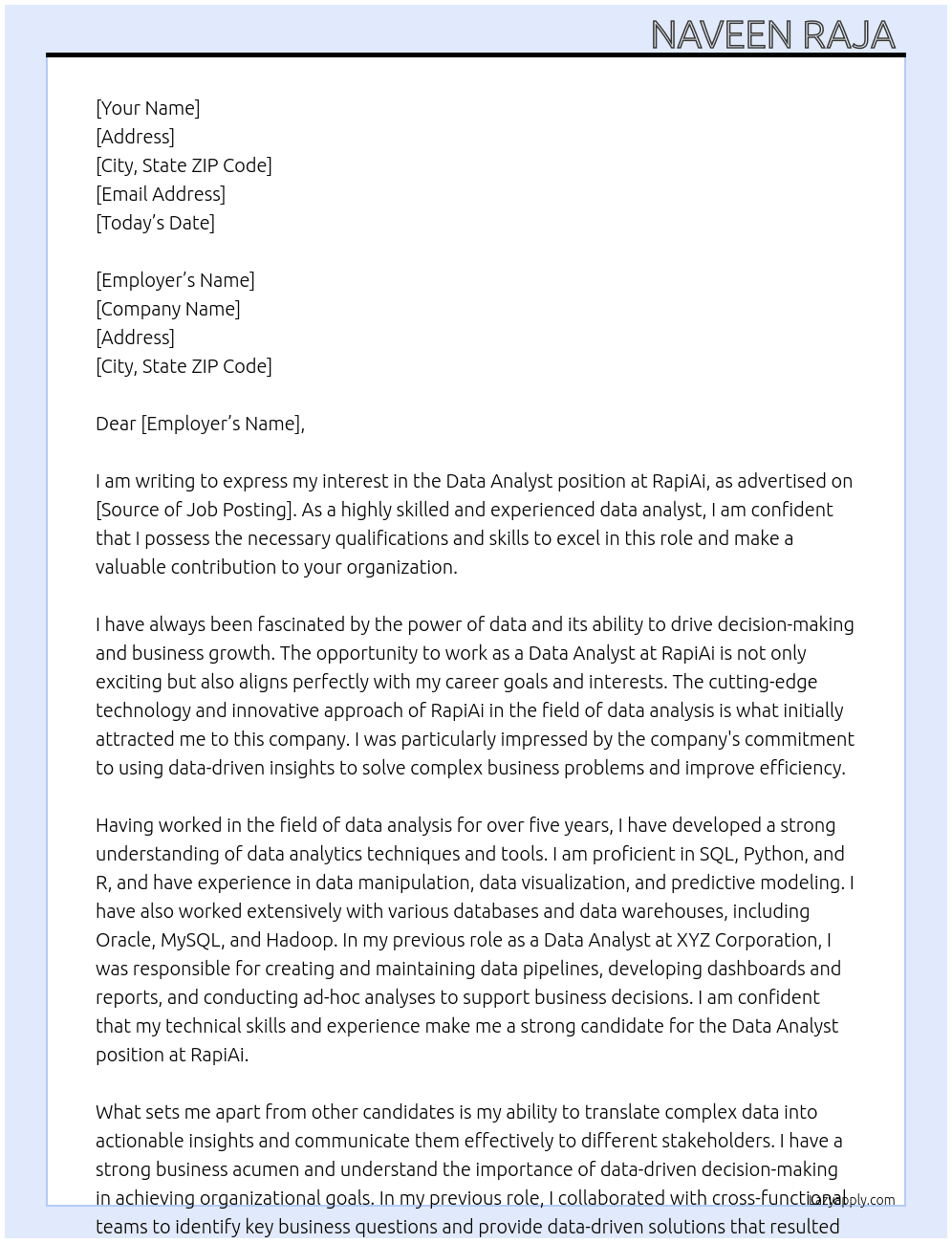 Data Analyst At RapiAi Cover Letter
