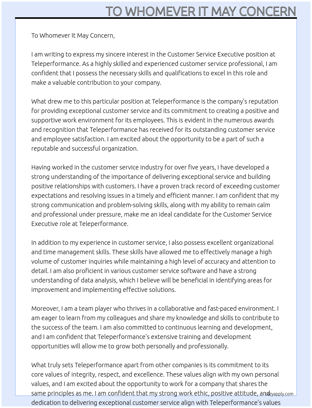 Customer Service Executive At Teleperformance Cover Letter
