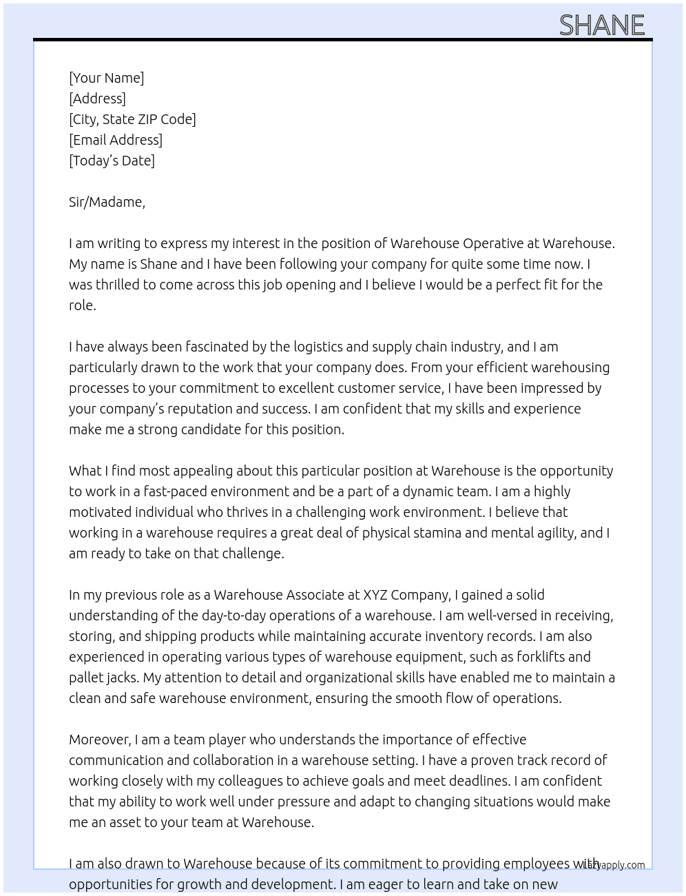 Warehouse operative  At Warehouse  Cover Letter