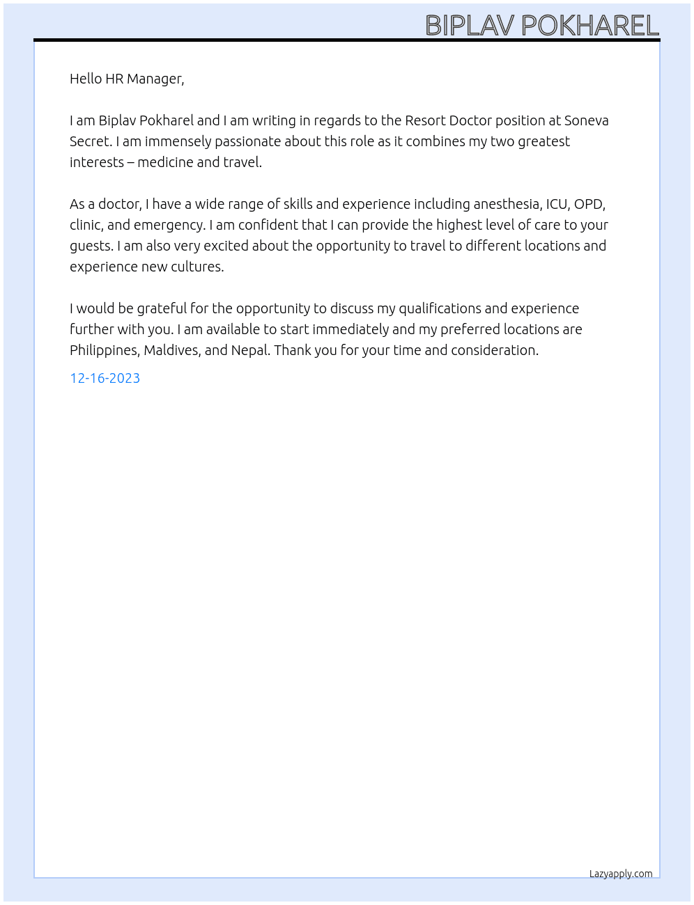 Resort Doctor At Soneva Secret  Cover Letter