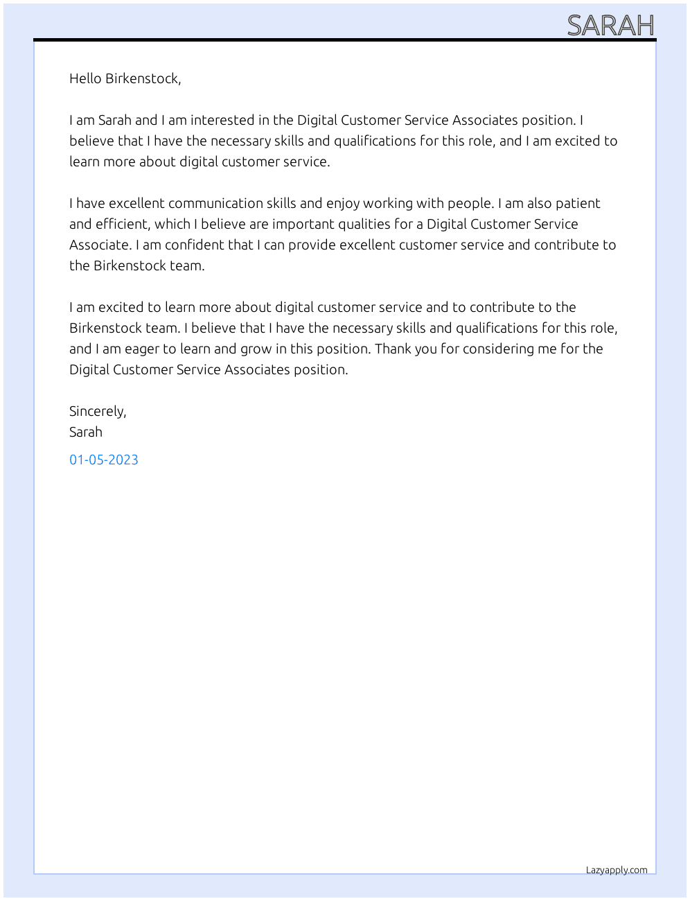 Digital Customer Service Associates At Birkenstock Cover Letter