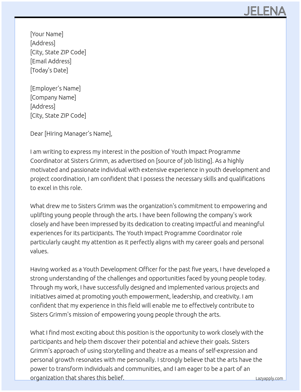 Youth Impact programme co ordinator At Sisters Grimm Cover Letter