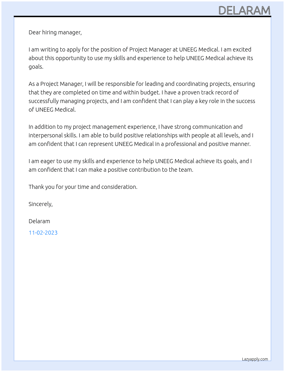 Project Manager  At UNEEG Medical Cover Letter