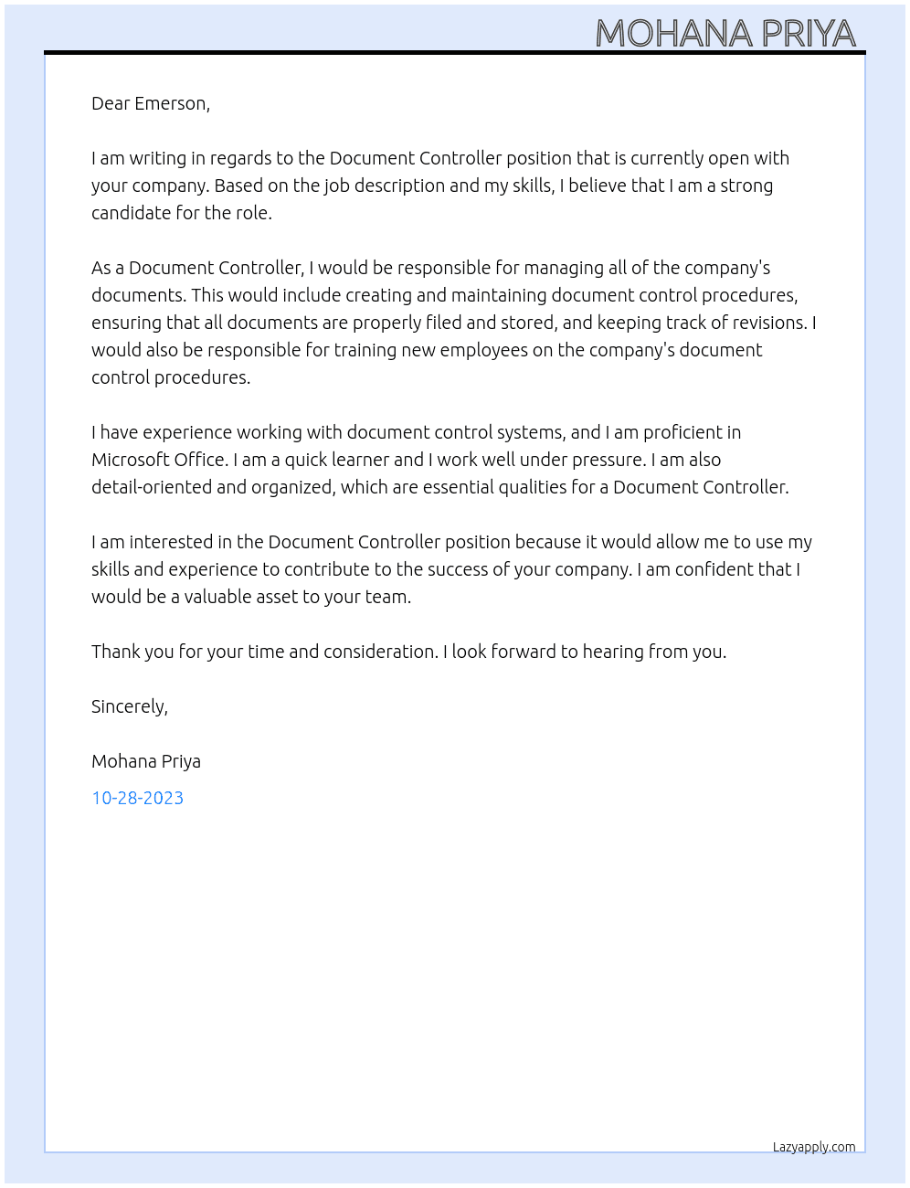 Document controller  At Emerson  Cover Letter