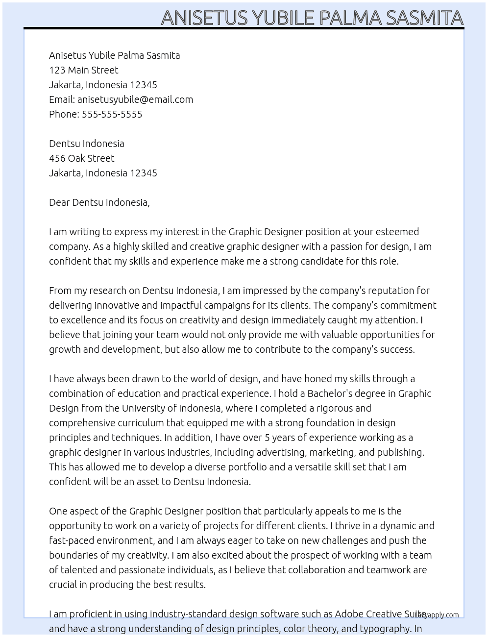Graphic designer At Dentsu Indonesia Cover Letter