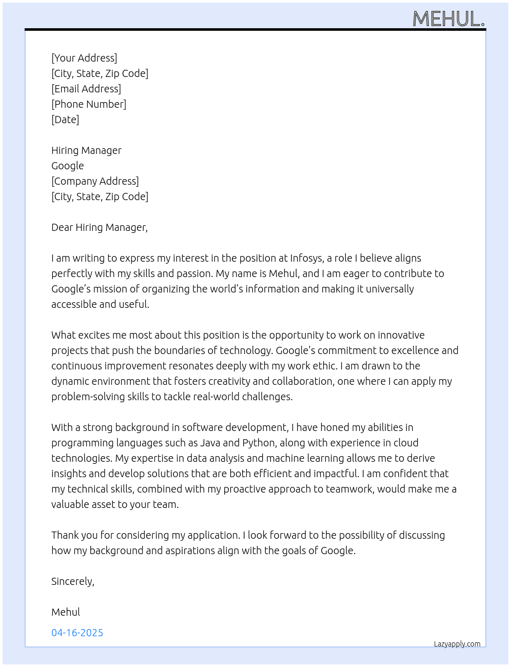 Cover letter for infosys. - LazyApply