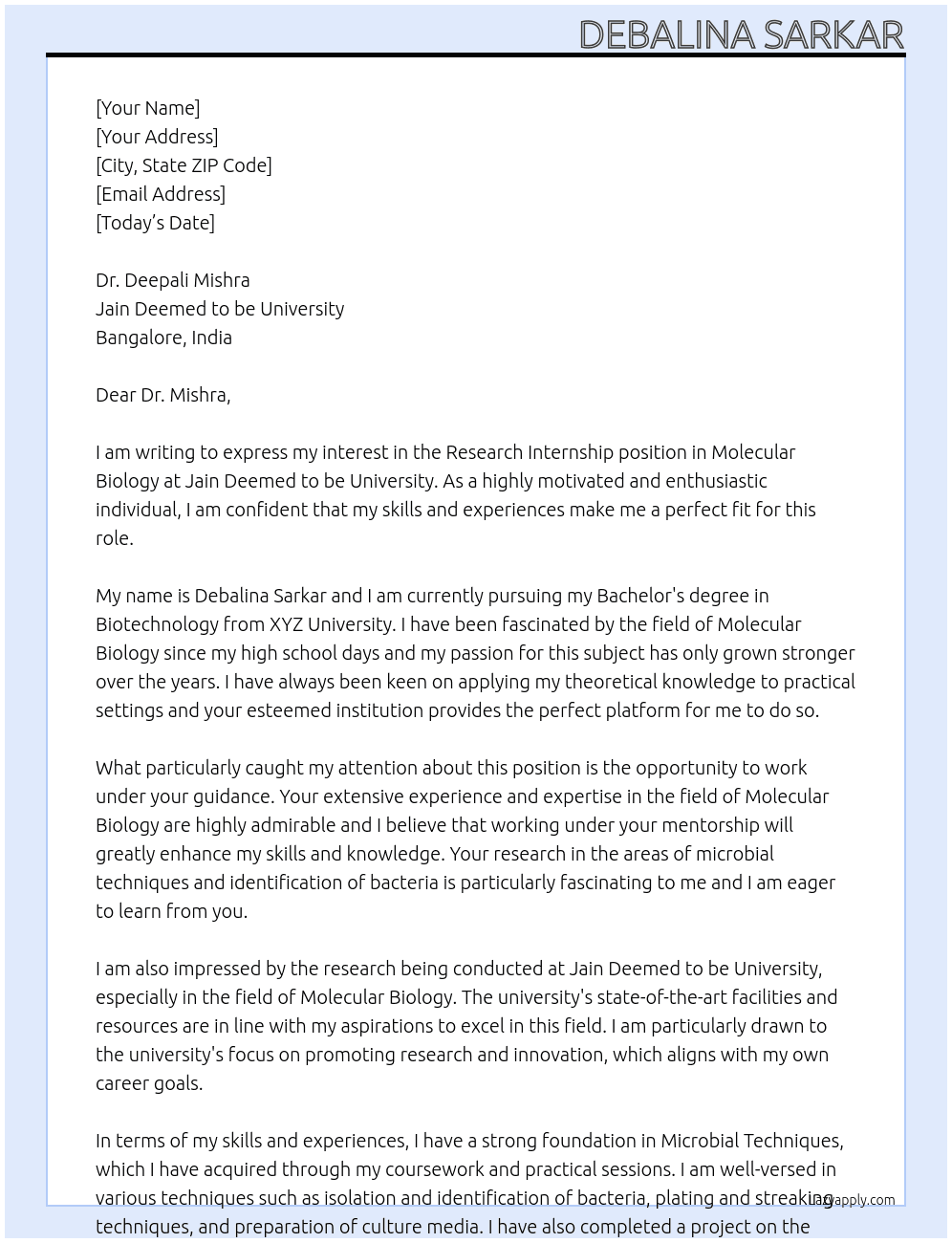 Research Intern - Molecular Biology  At Jain Deemed to be University  Cover Letter