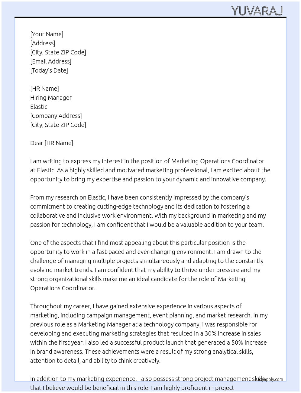 Marketing operations coordinator  At Elastic Cover Letter