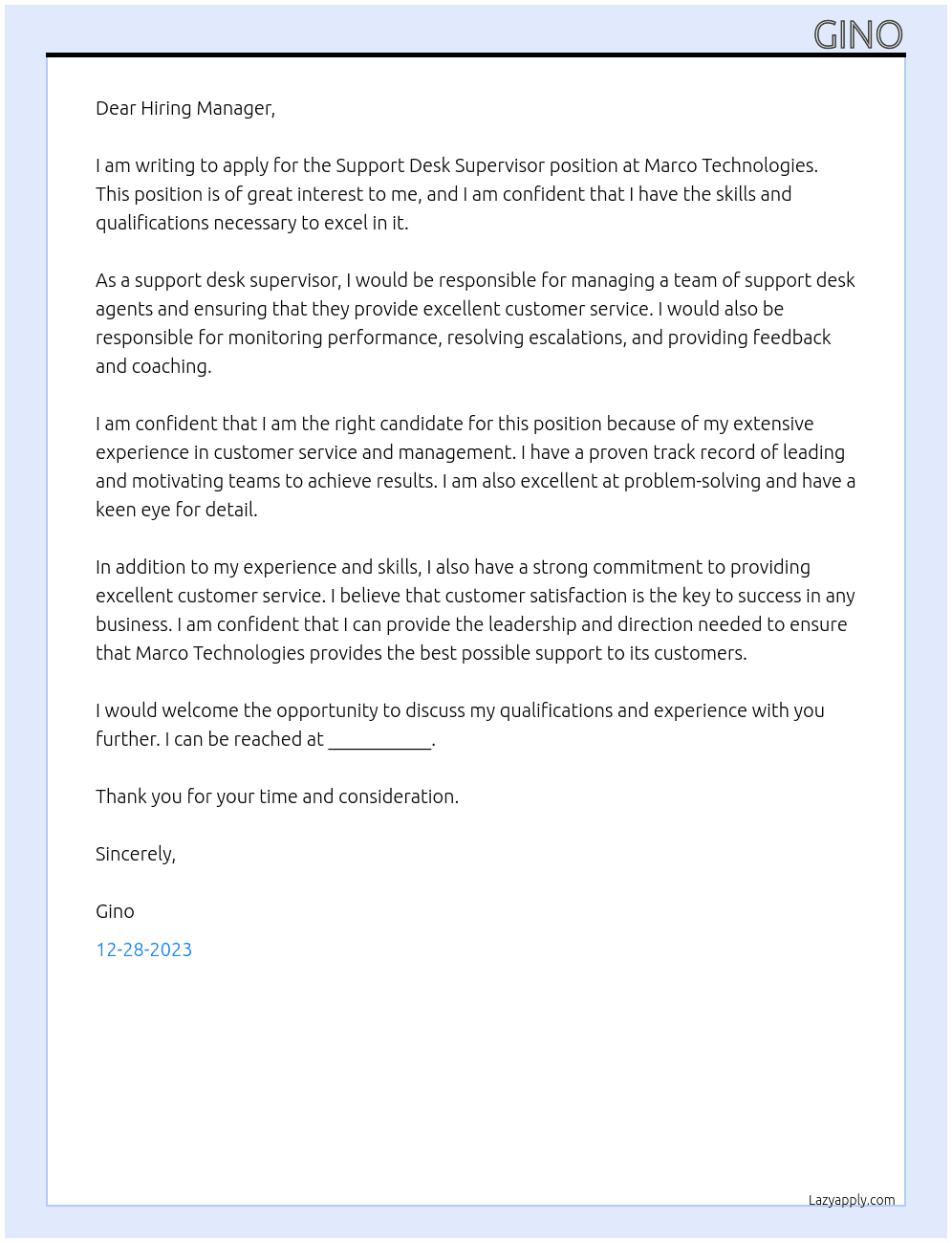 Support Desk Supervisor At Marco Technologies Cover Letter