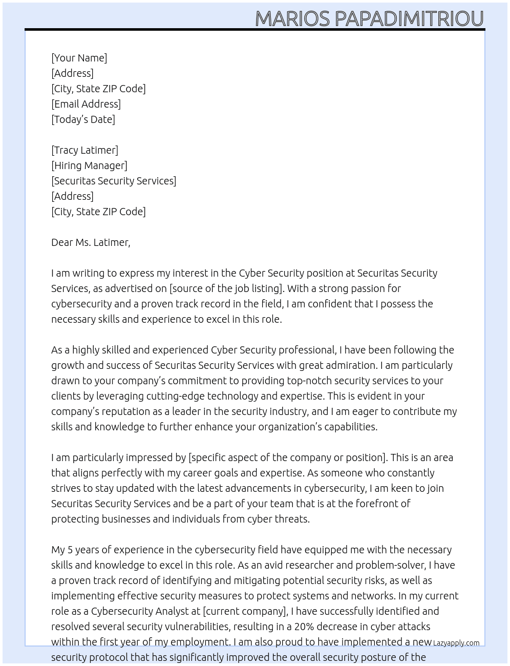 Cyber Security At Securitas Security Services Cover Letter