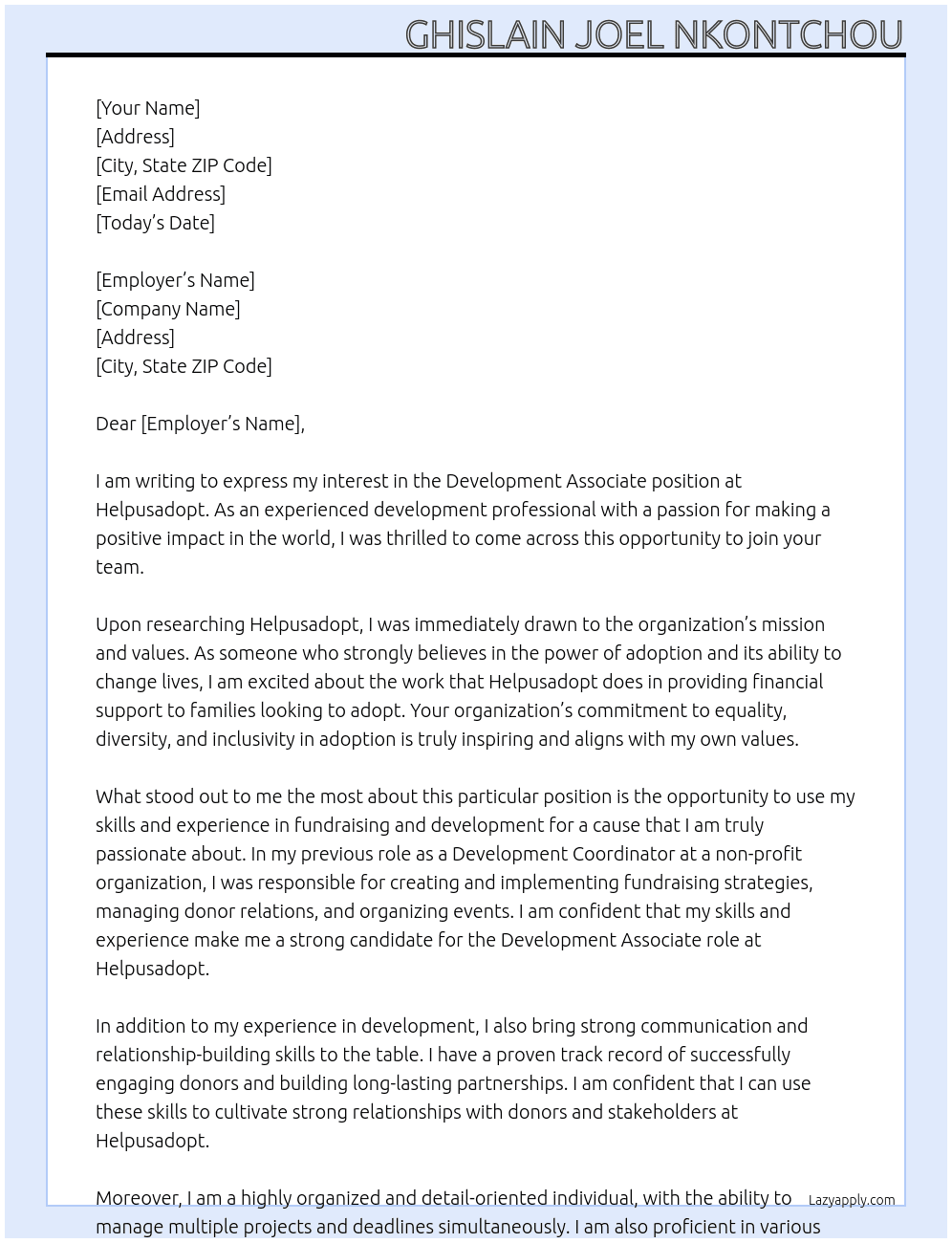 Development Associate At Helpusadopt Cover Letter