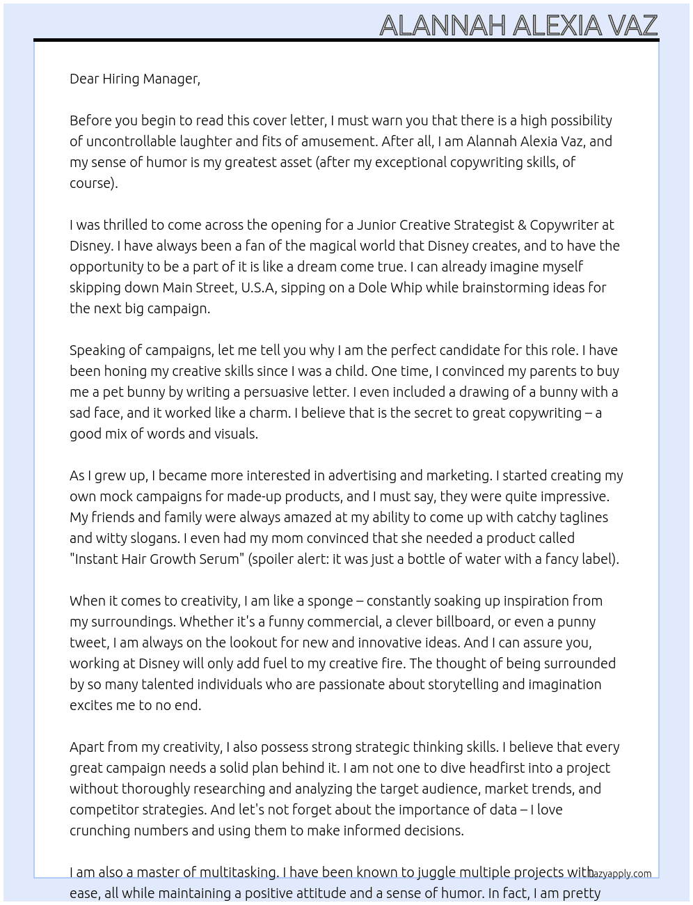 Junior Creative Strategist & Copywriter At Disney Cover Letter