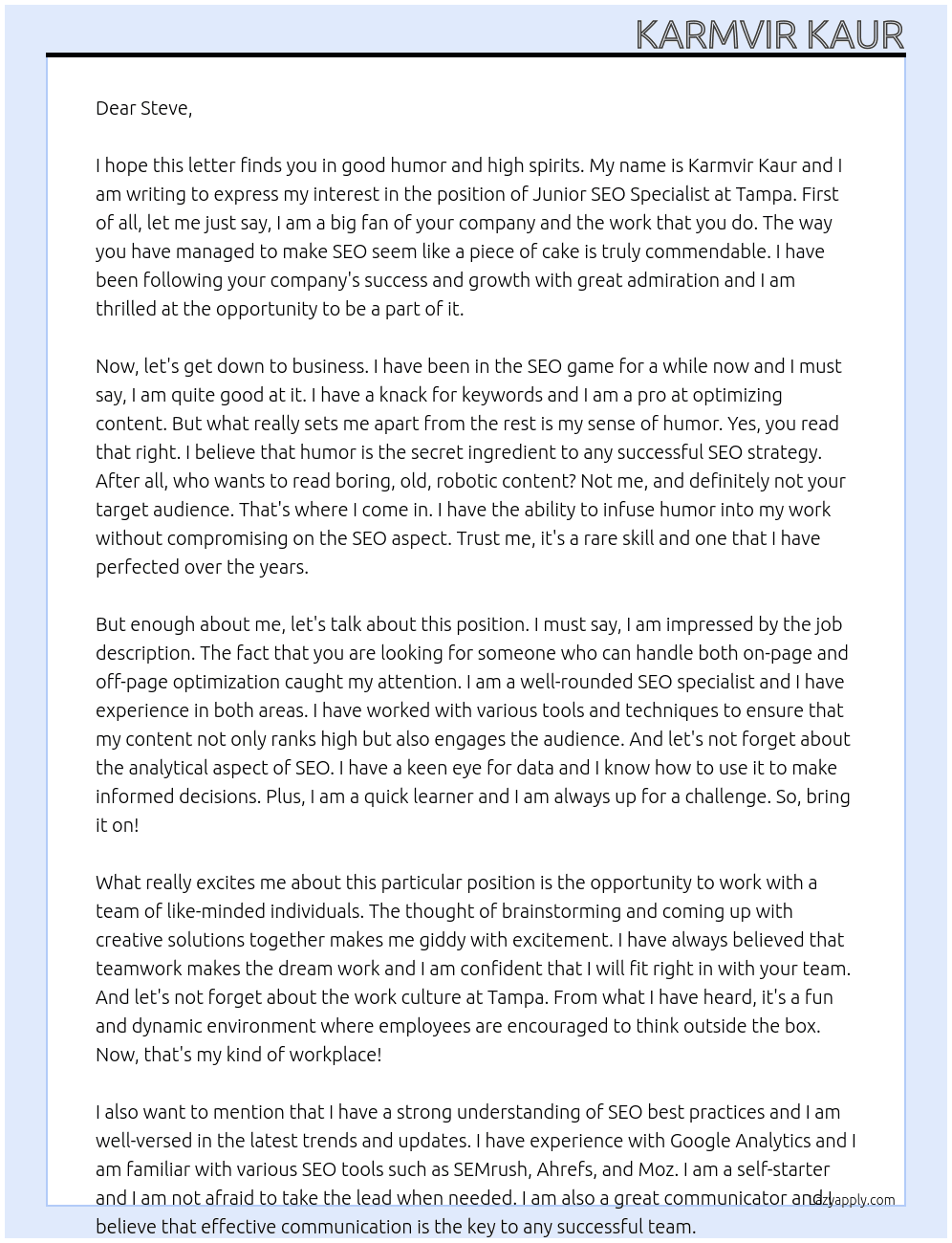 Junior SEO Specialist At tampa Cover Letter