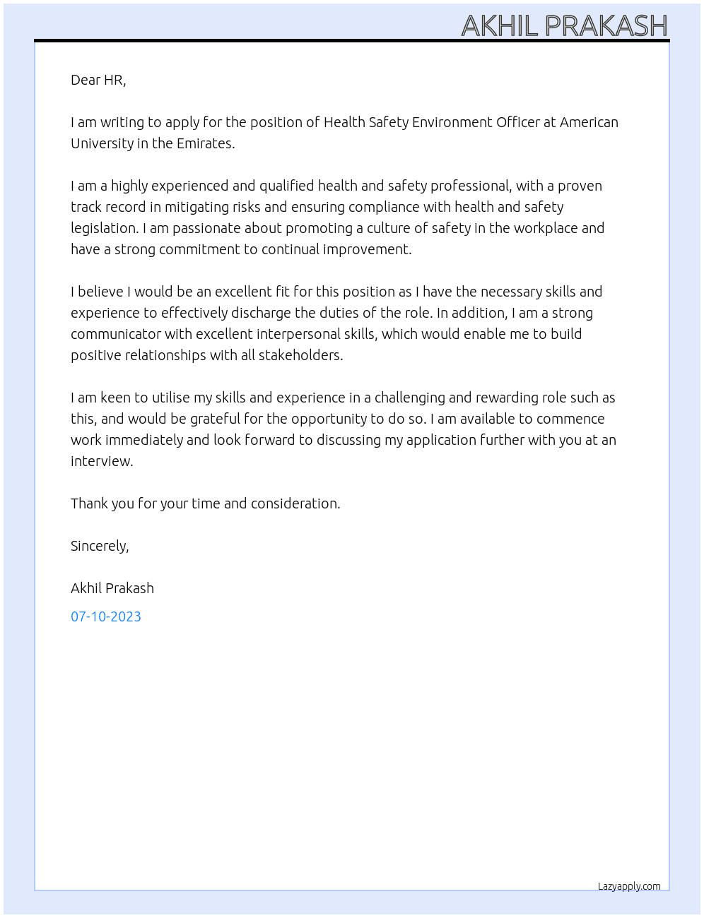 Health Safety Environment Officer At American University in the emirites Cover Letter