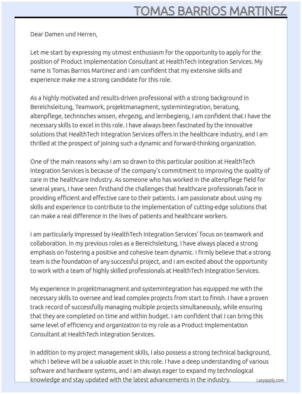 product implementation consultant At healthTech integration services Cover Letter
