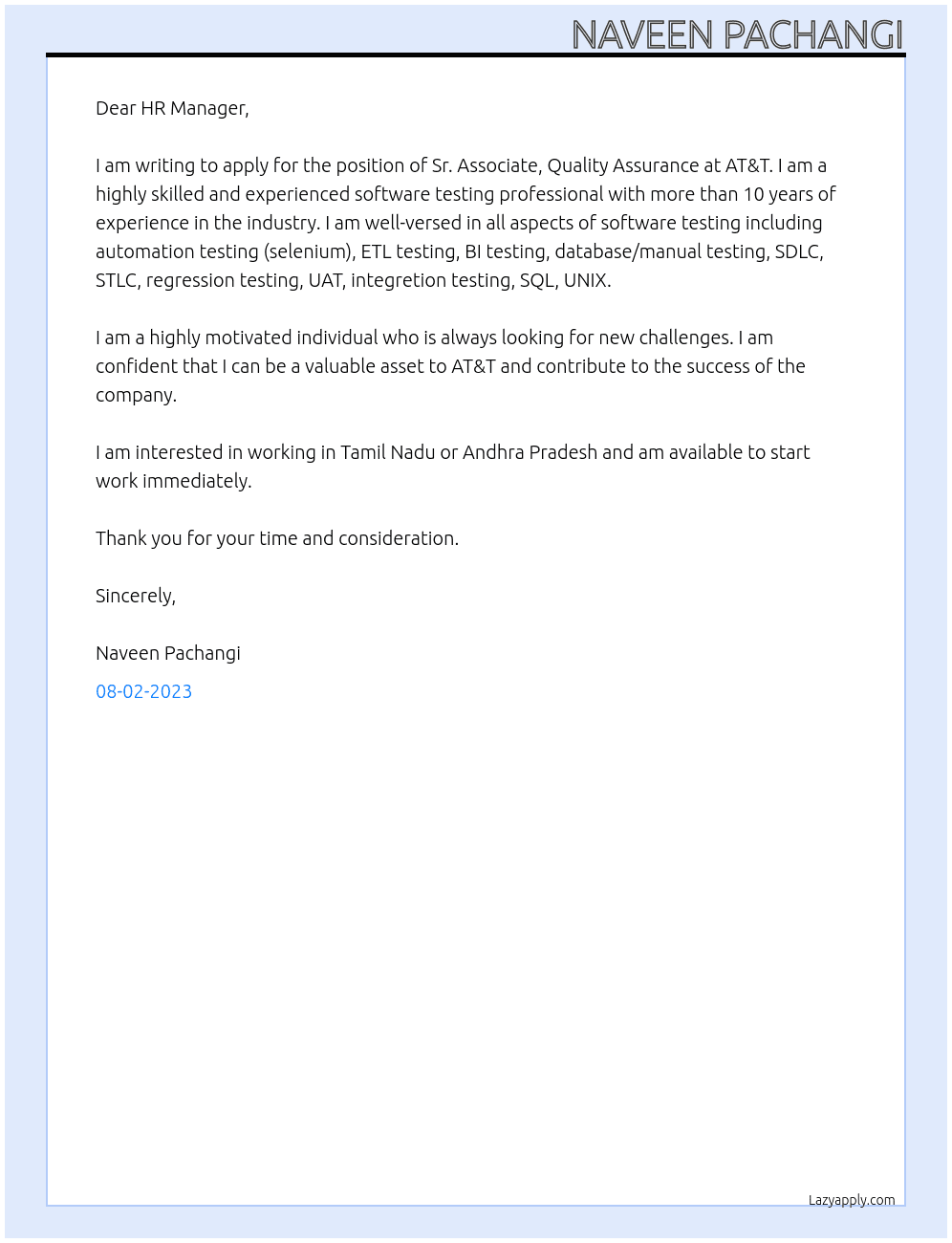 Sr. Associate, Quality Assurance At AT&T Cover Letter