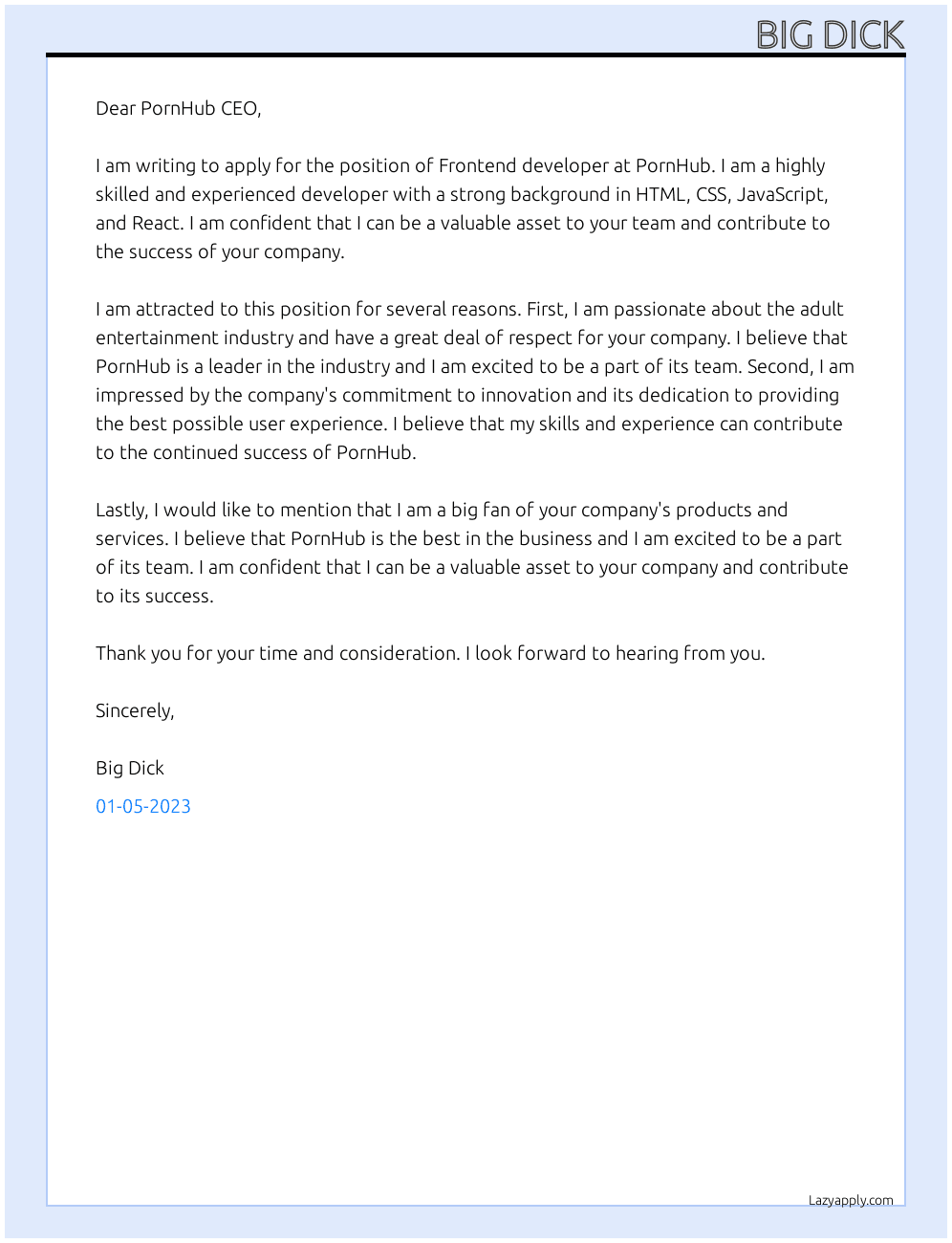 Frontend developer At PornHub Cover Letter