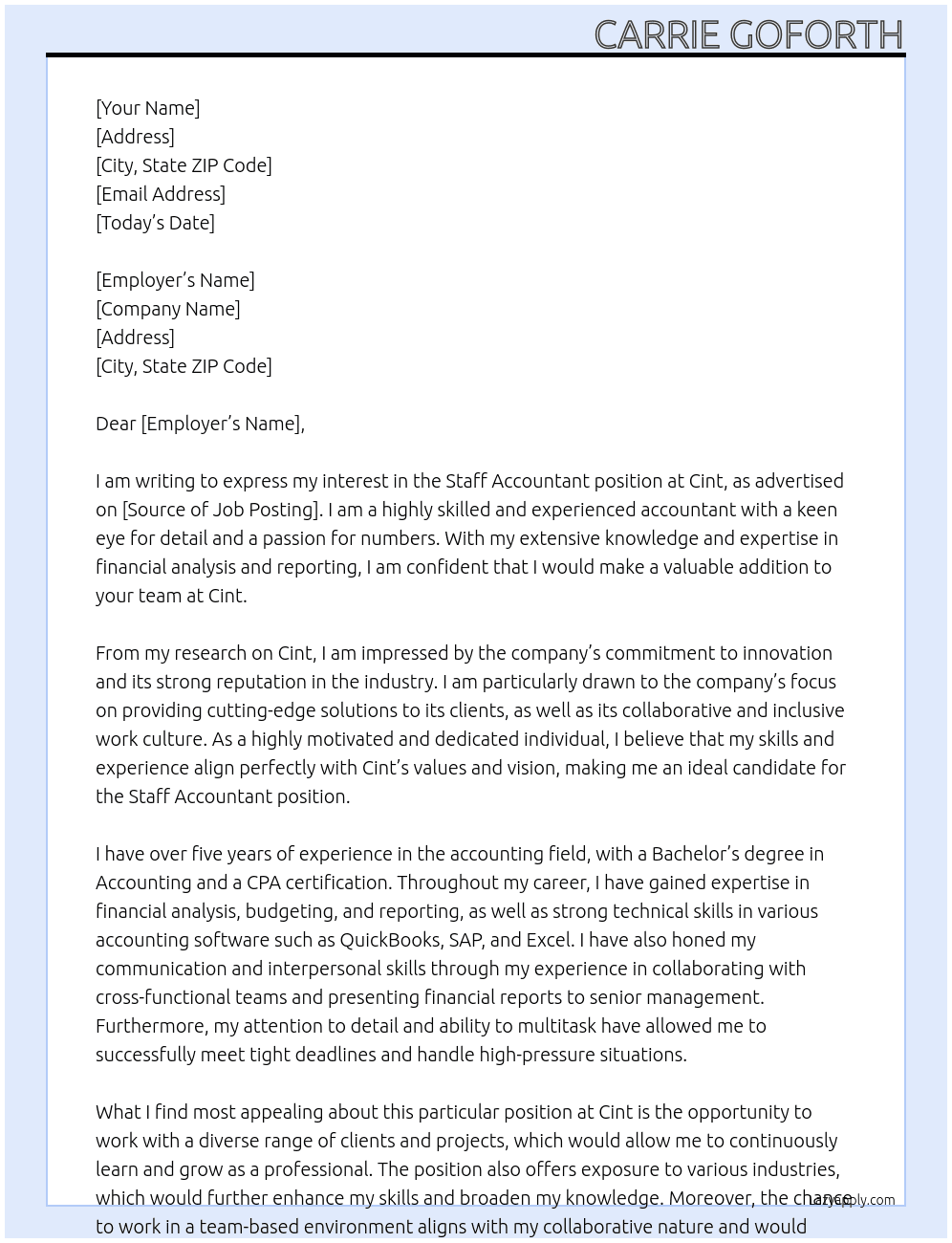 Staff Accountant At Cint Cover Letter