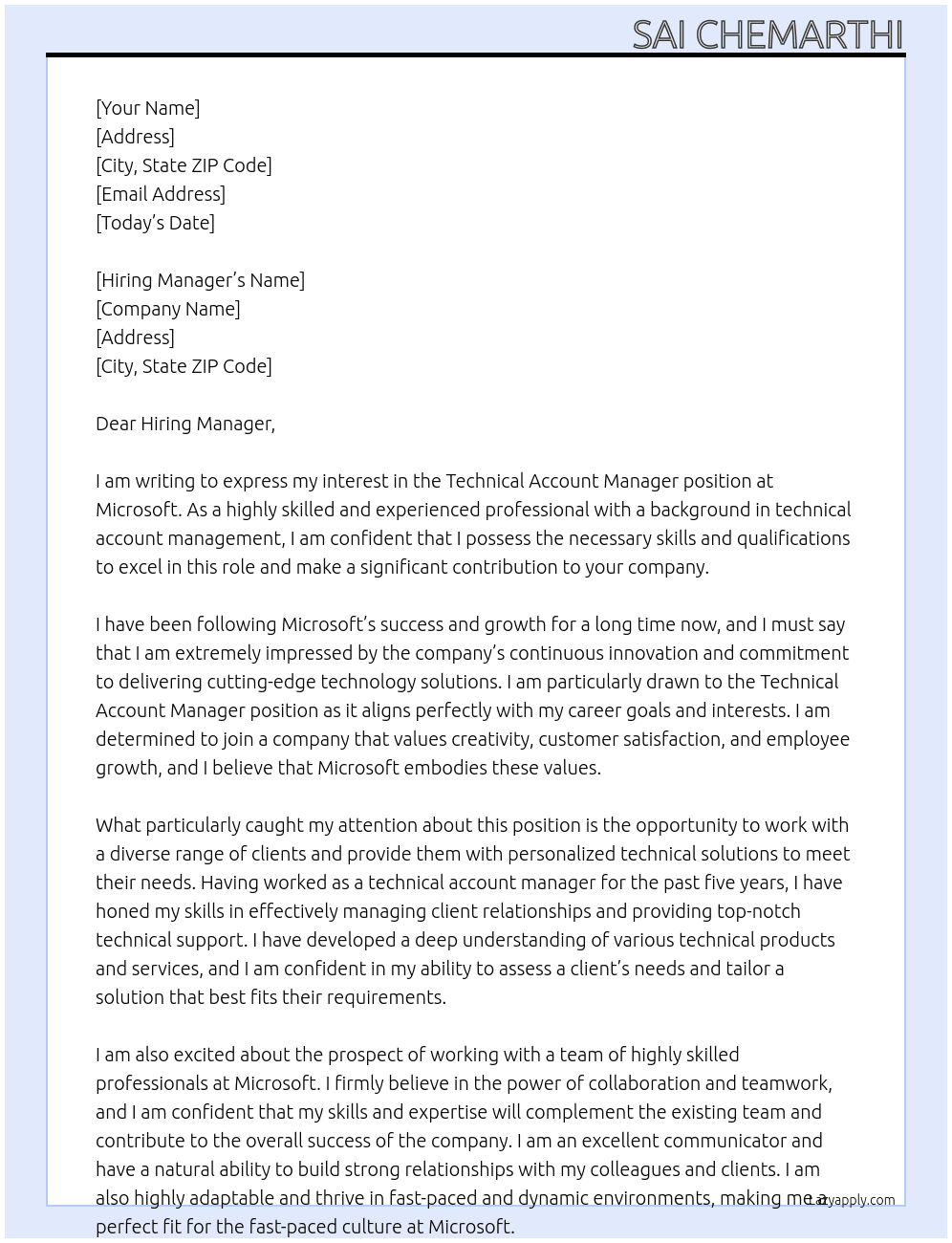 Technical Account Manager At Microsoft Cover Letter