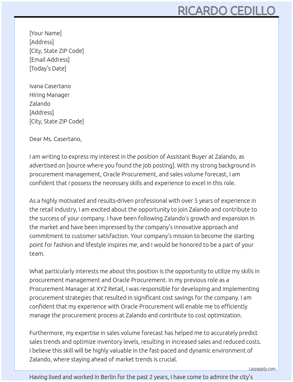 Assistant buyer At Zalando  Cover Letter