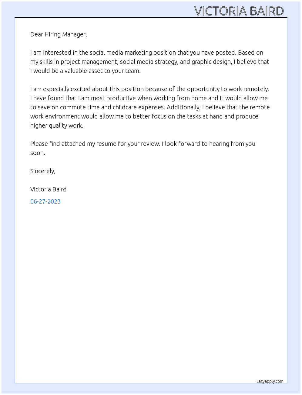 Social media marketing  At Unkown Cover Letter