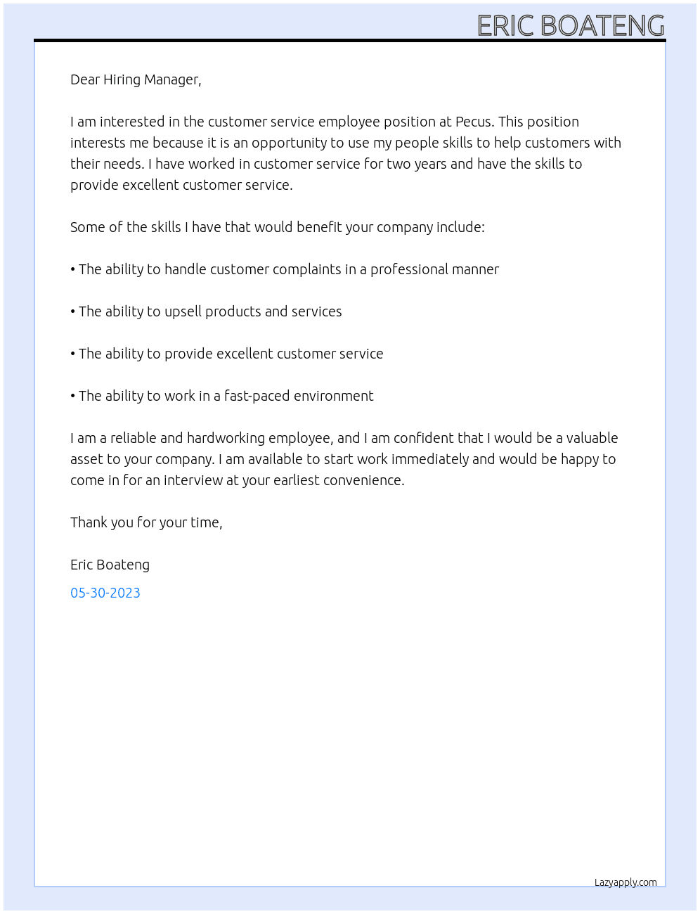 Customer service employee At Pecus Cover Letter