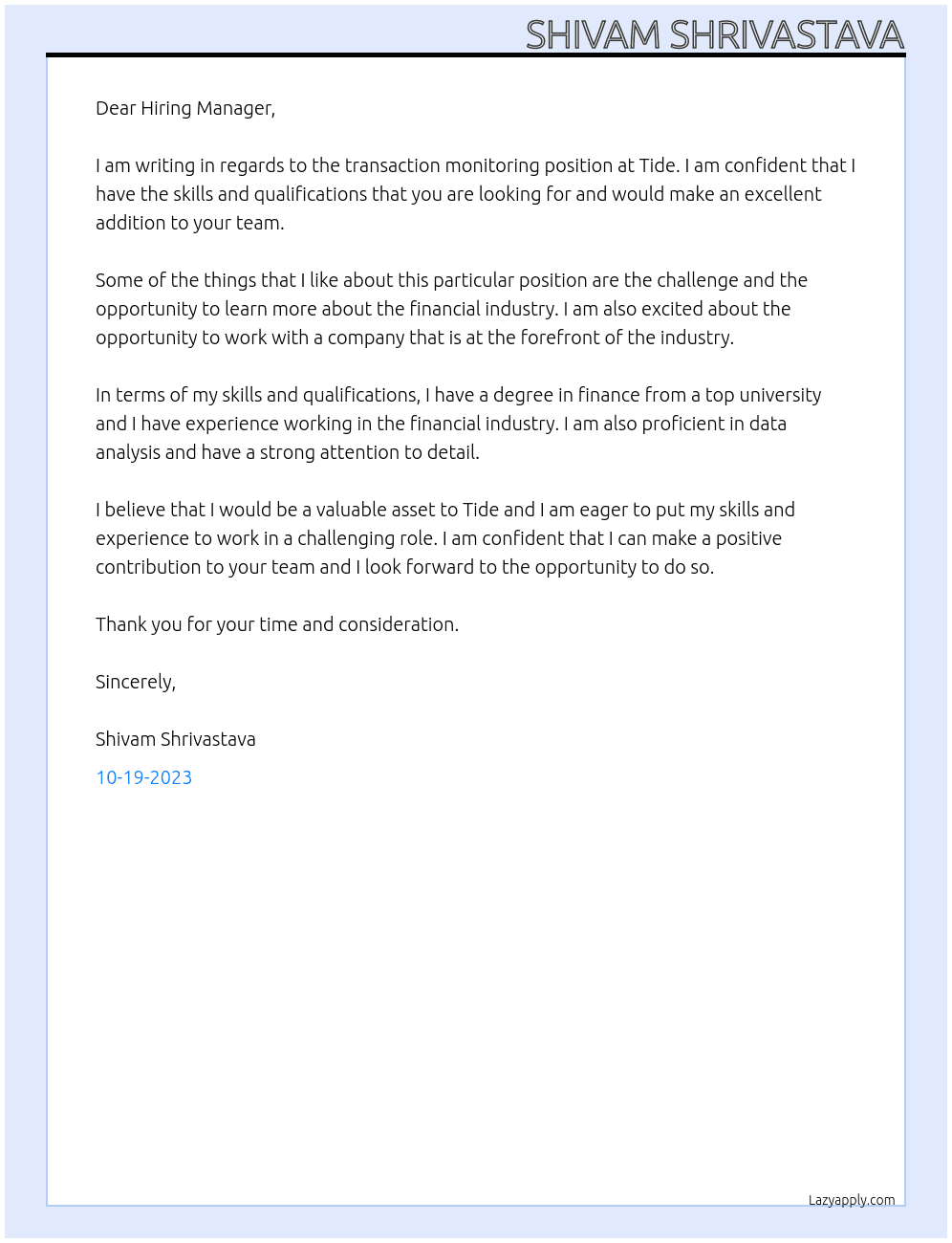 transaction monitoring At tide Cover Letter