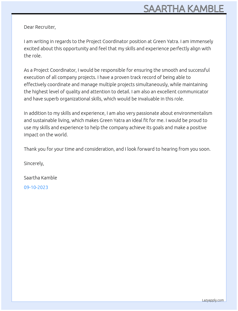 Project coordinator  At Green yatra  Cover Letter