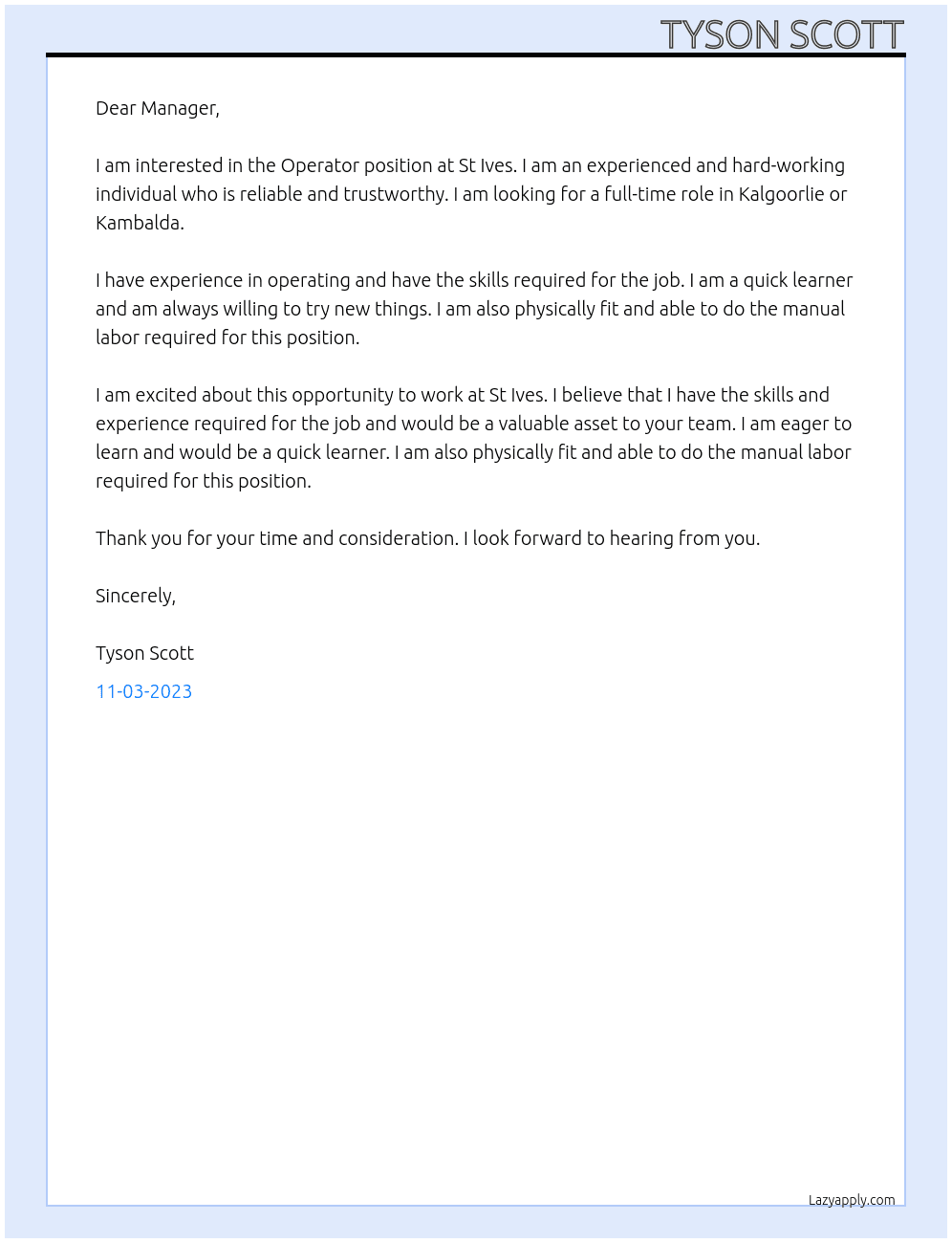 Operator  At St Ives  Cover Letter