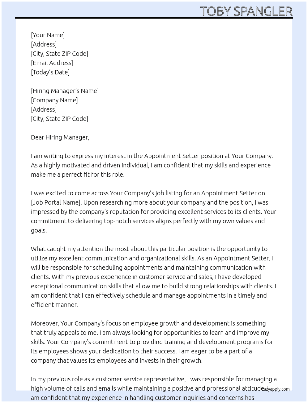 Appointment Setter At Your Company Cover Letter