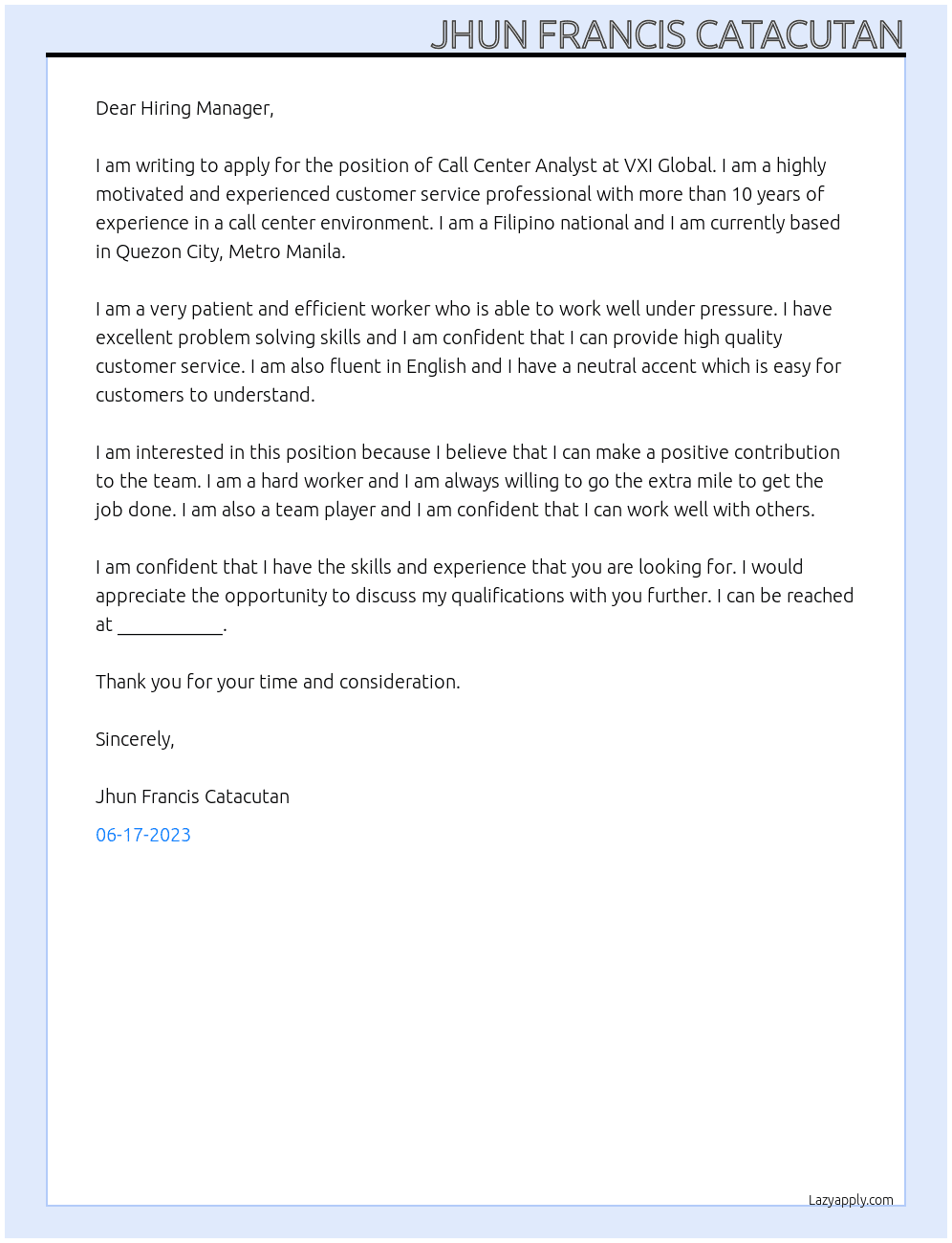 Call center Analyst At VXI Global Cover Letter
