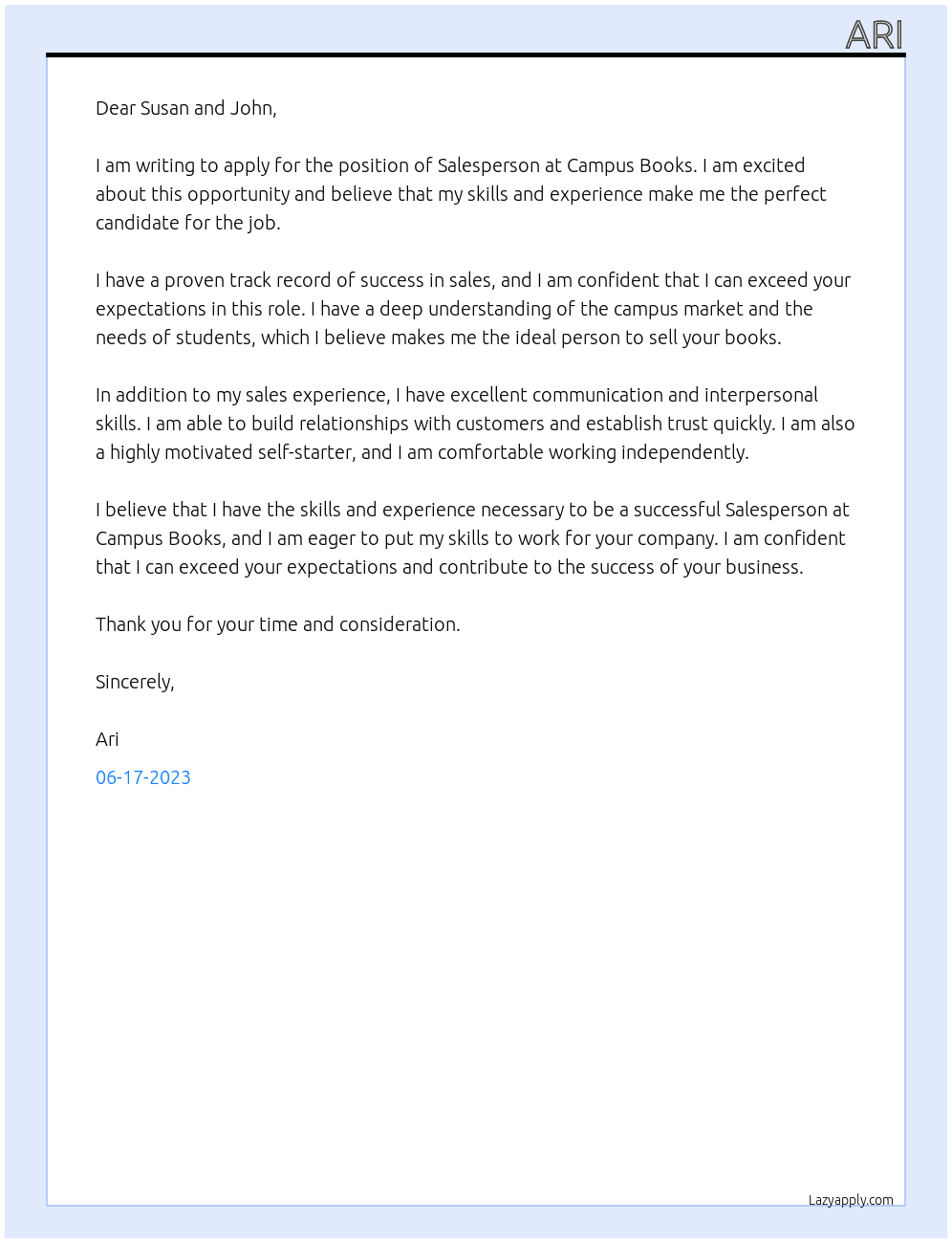 Salesperson At Campus Books Cover Letter