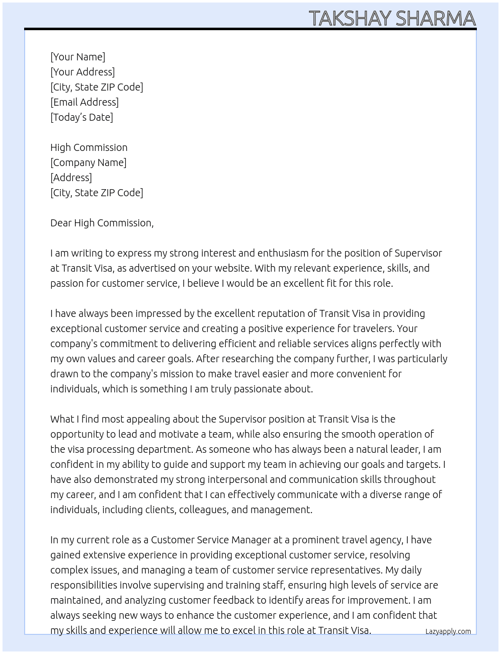 superviosr At transit visa Cover Letter