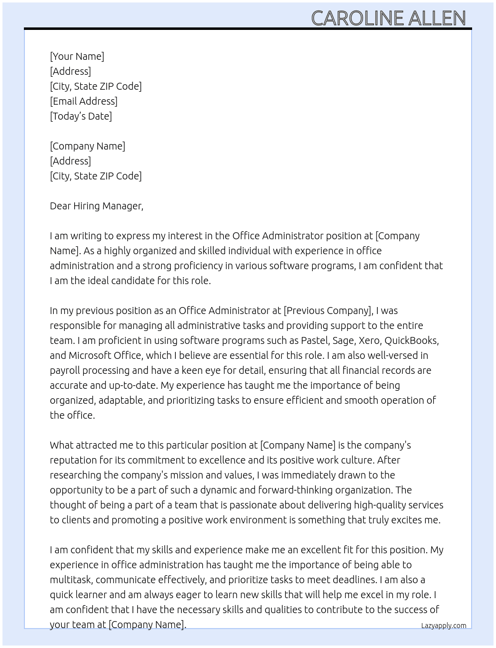 Office administrator  At Recruitment  Cover Letter