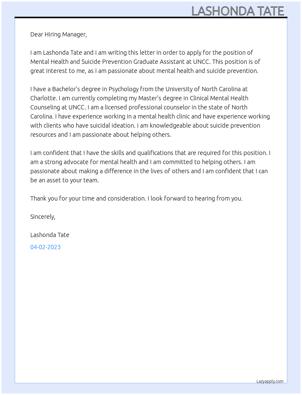 Mental Health and Suicide Prevention Graduate Assistant At UNCC Cover Letter
