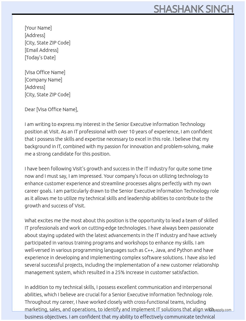 Senior Executive Information Technology At Visit Cover Letter