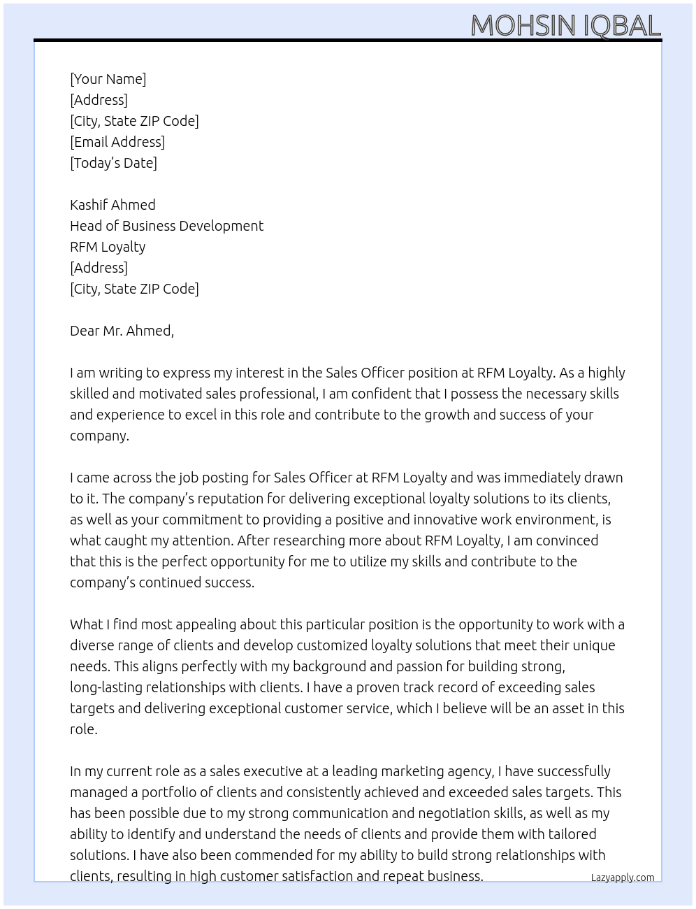 Sales officer At RFM Loyalty Cover Letter