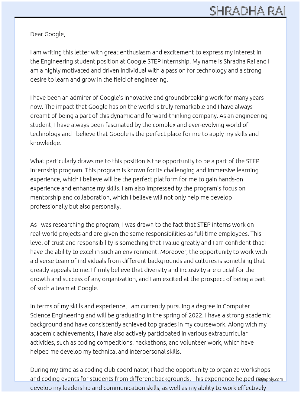 Engineering student  At Google STEP Internship  Cover Letter