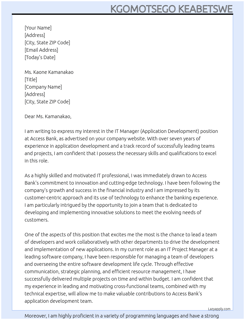 IT manager (Application Development) At Access Bank Cover Letter