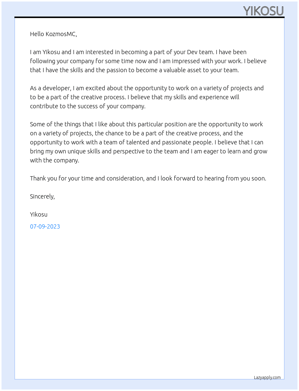 Dev At KozmosMC Cover Letter