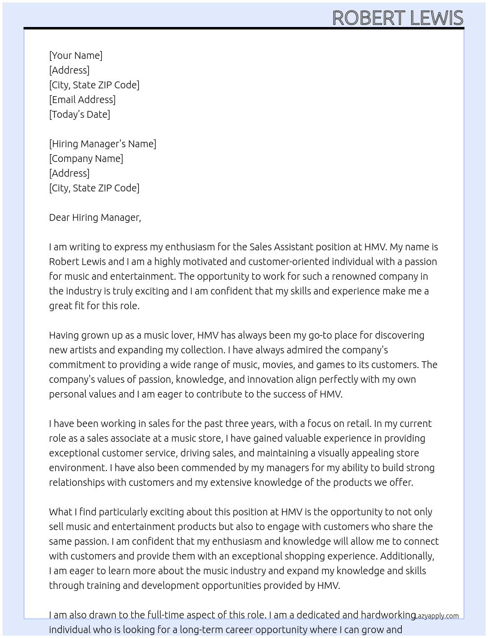 Sales assistant At HMV Cover Letter