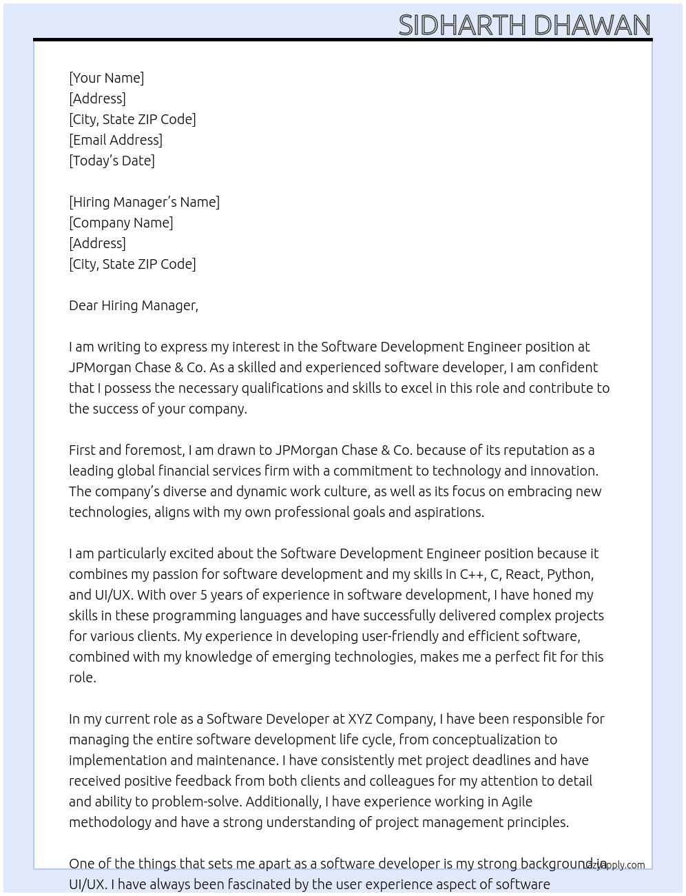 Software Development Engineer At JPMorgan Chase & Co. Cover Letter