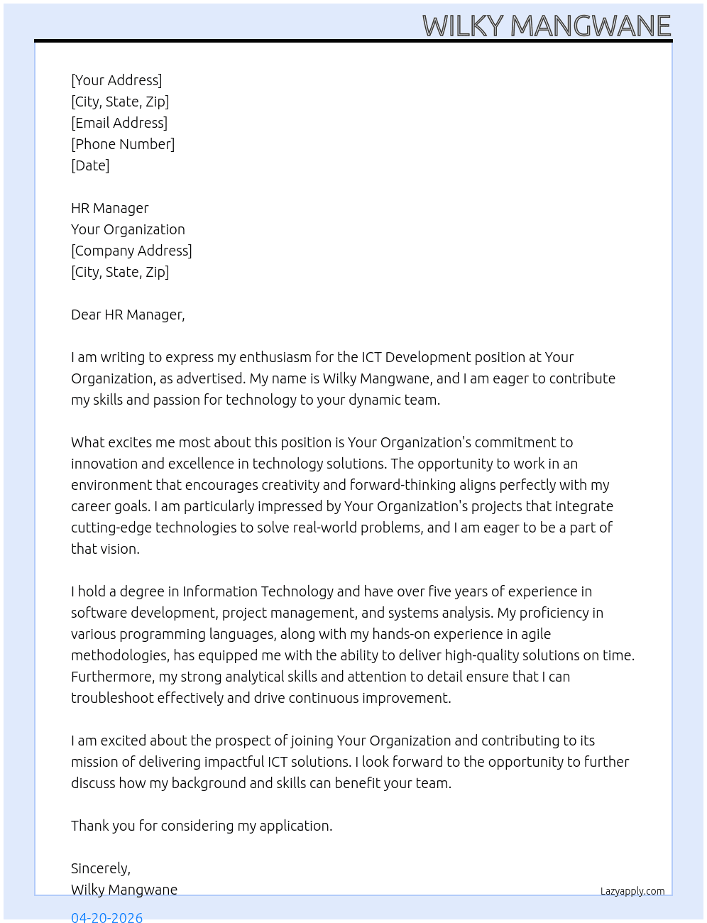 Cover letter for ict development - LazyApply