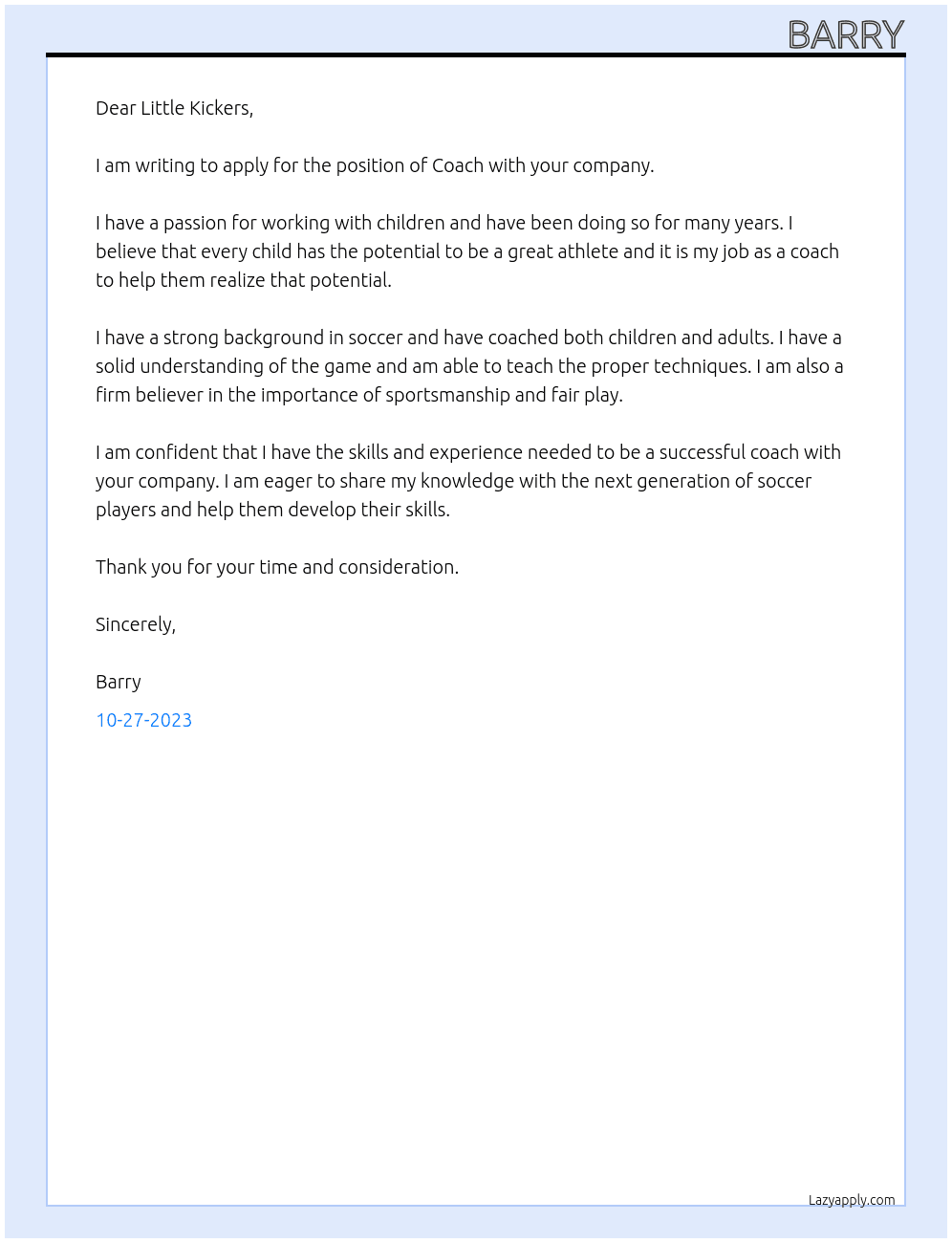 Coach  At Little kickers Cover Letter